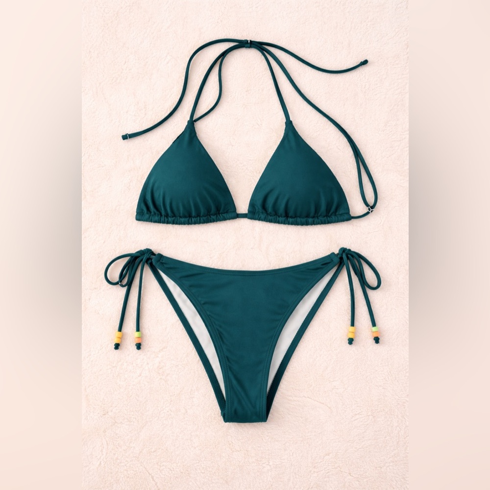 🌿 Emerald Green Bikini Set Size L NWOT Tie Side Resort Beach Vacation Chic Style - Picture 2 of 6